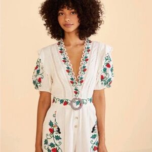 Embroidered White Jumpsuit with Floral Design